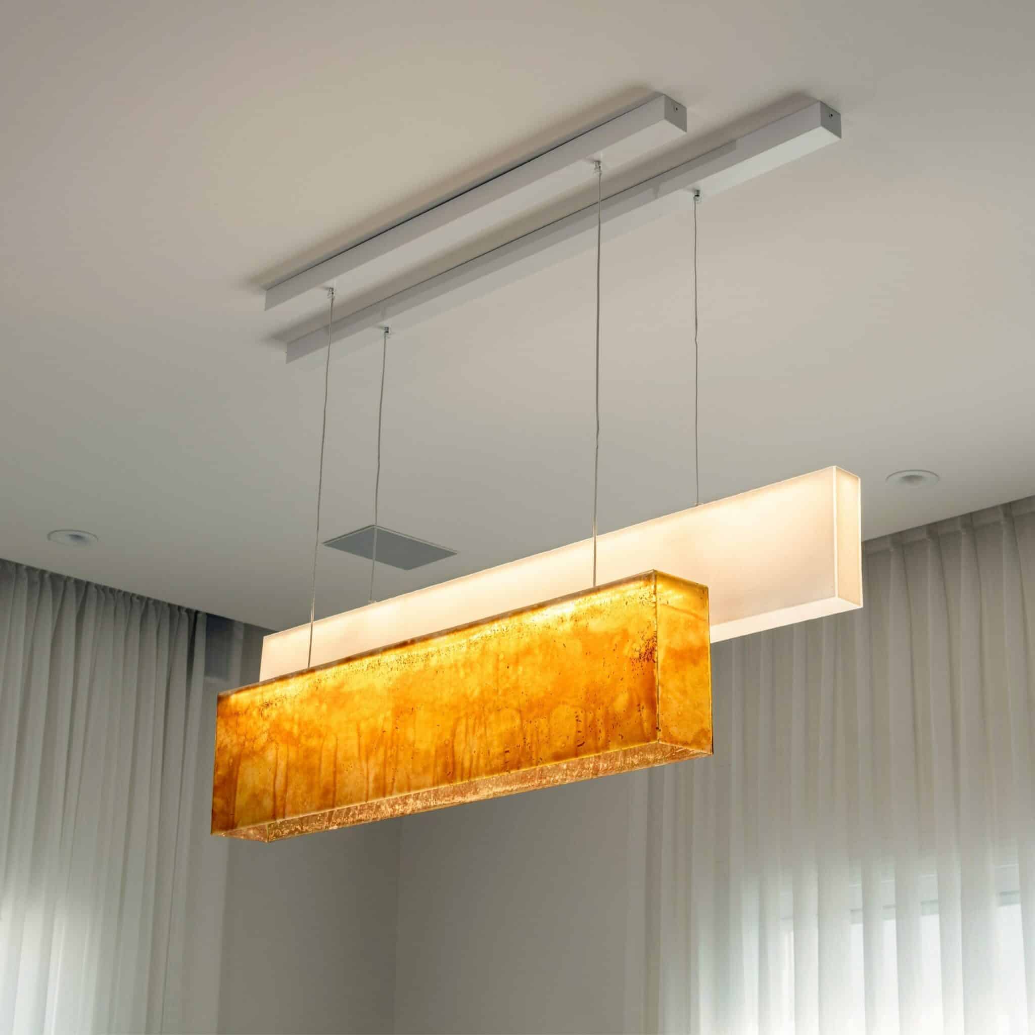 Sculptural handcrafted glass linear light fixture for large tables crafted for modern homes