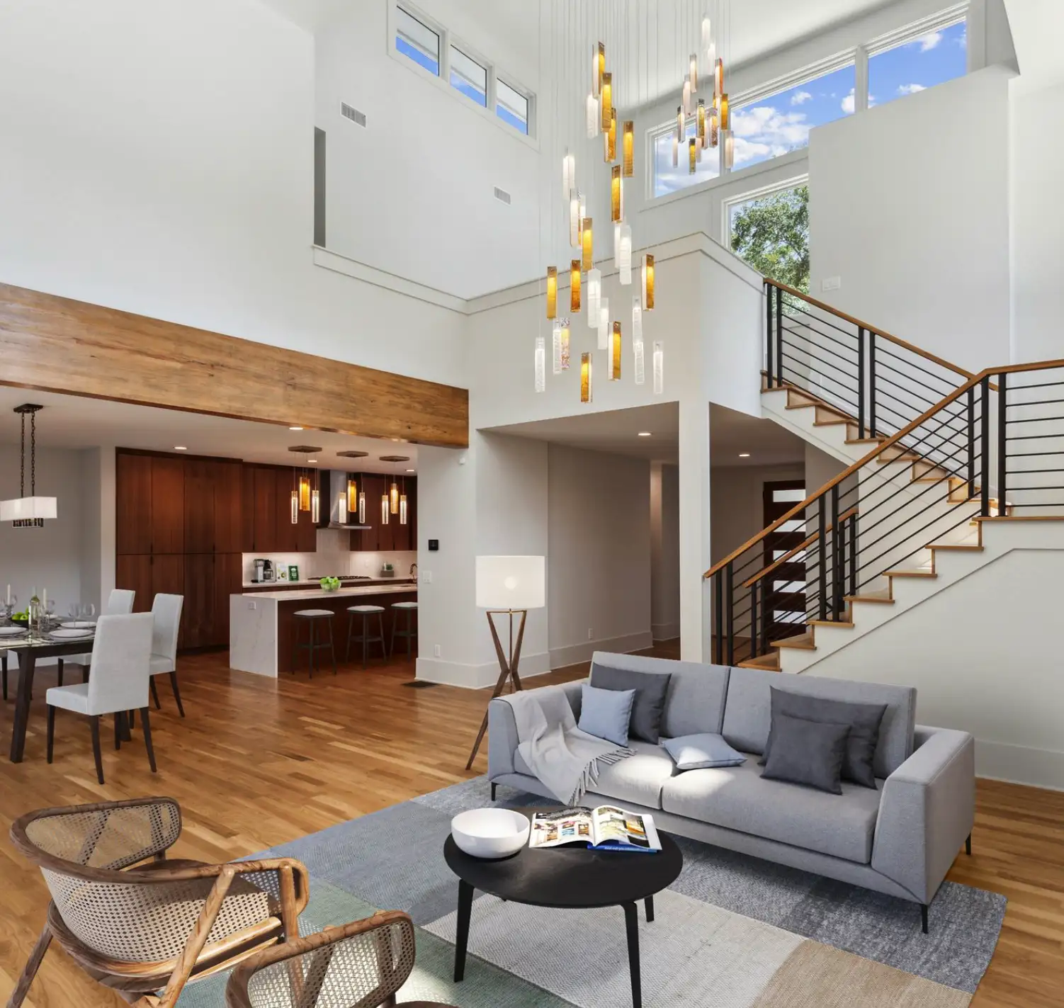 Custom made light fixtures for living room, entryway and kitchen island