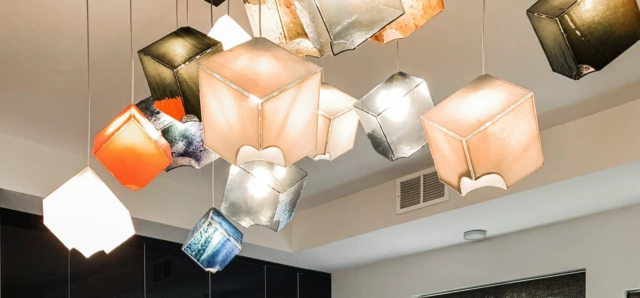 hanging glass cubes in modern stained glass chandelier